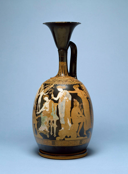 A red-figure pottery (terracotta) "kerch" style lekythos depicting a nymph and satyr
